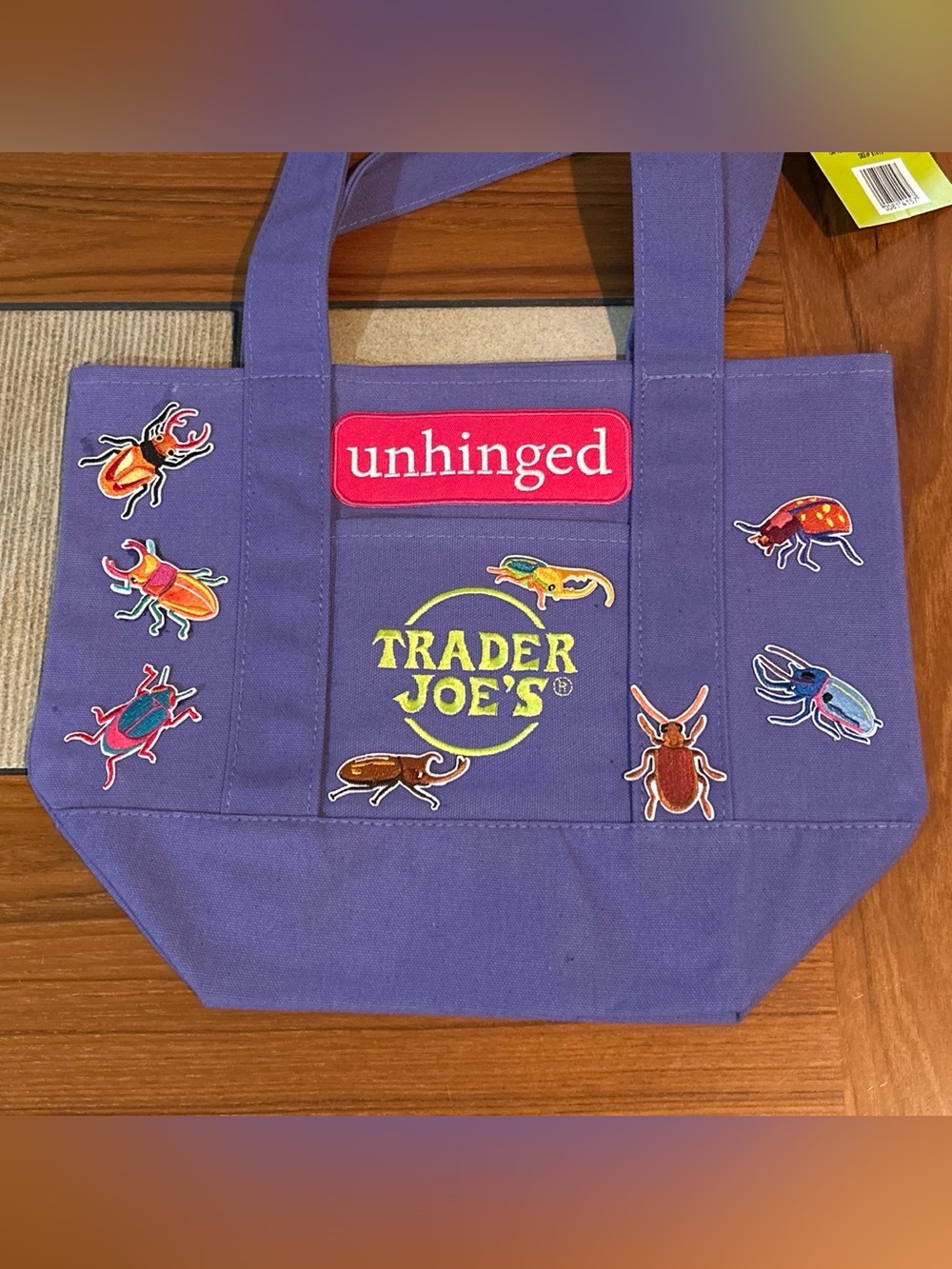 Upcycled Trader Joe's Purple 'Unhinged' Tote Bag with Beetle Patch Accents